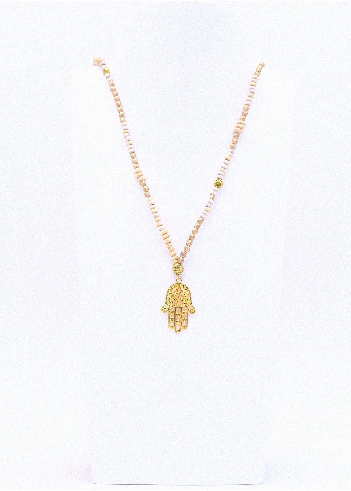 Perlenkette Hamsa Hand in Gold/Creme