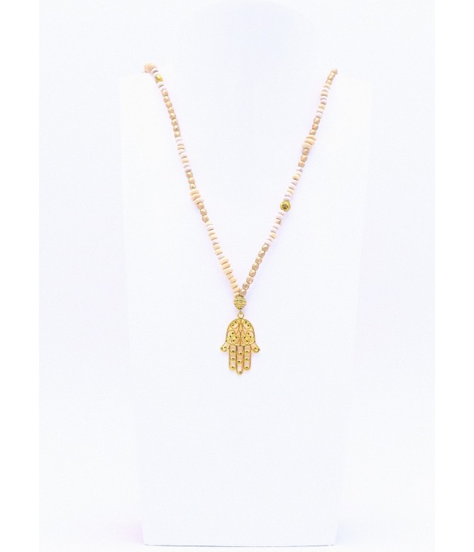Perlenkette Hamsa Hand in Gold/Creme
