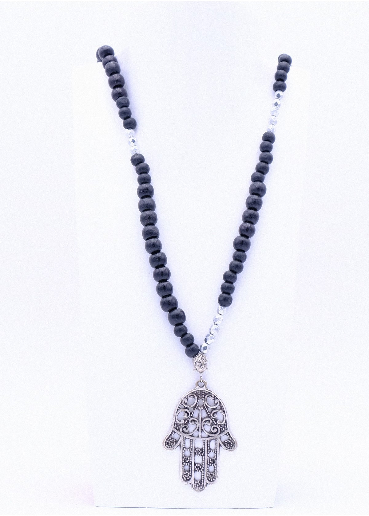 Perlenkette Hamsa Hand XL Silber Schwarz