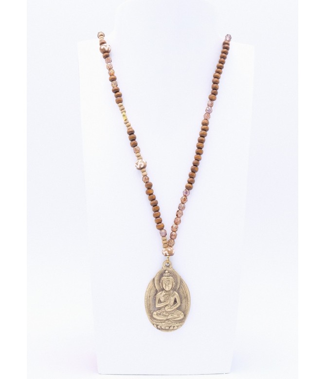 Perlenkette mit Buddha Metallanhänger in Hellbraun